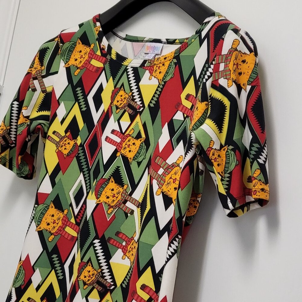 LuLaRoe Womens Top Large Holiday Christmas Cat Print Short Sleeve Stretch - Picture 5 of 11